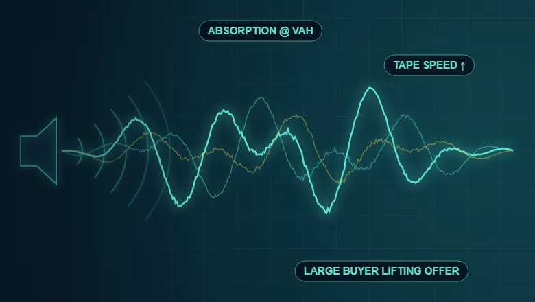 B4 Tape audio squawk box: spoken order-flow calls over the live tape